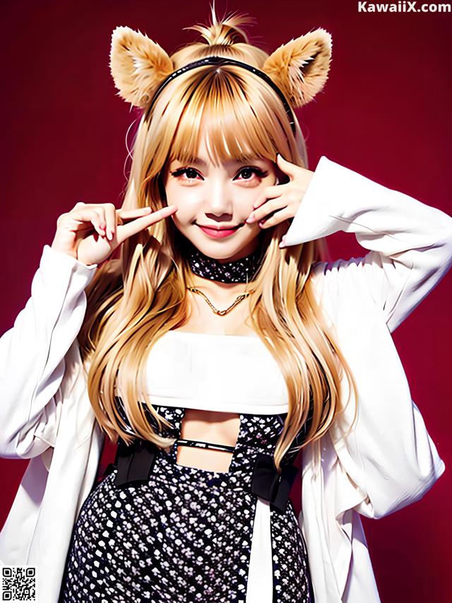 A woman with long blonde hair wearing a cat ears headband.