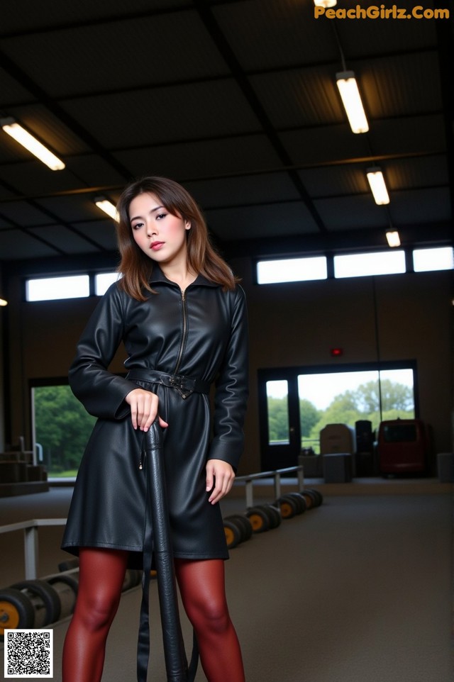 A woman in a black leather dress holding a whip.